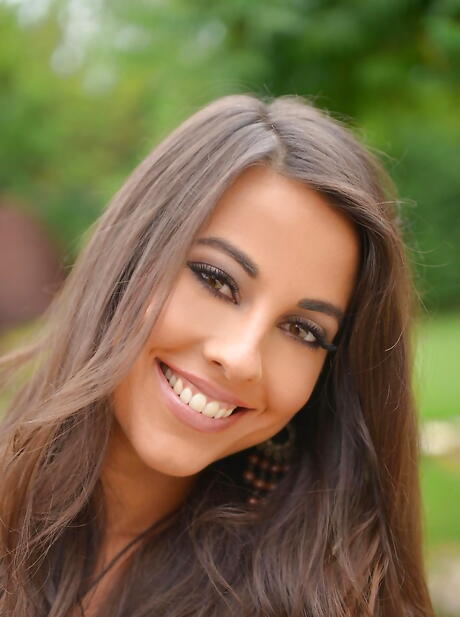 Foxy spanish brunette hottie Lorena Garcia baring small tits and playing with sex toy outside